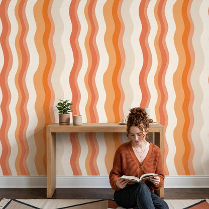 Turuncu Dalgalı Çizgili Duvar Kağıdı Retro Salon Dekoru