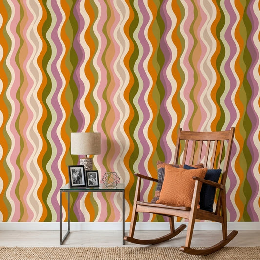 Retro Dalgalı Çizgili Duvar Kağıdı Turuncu Mor Salon