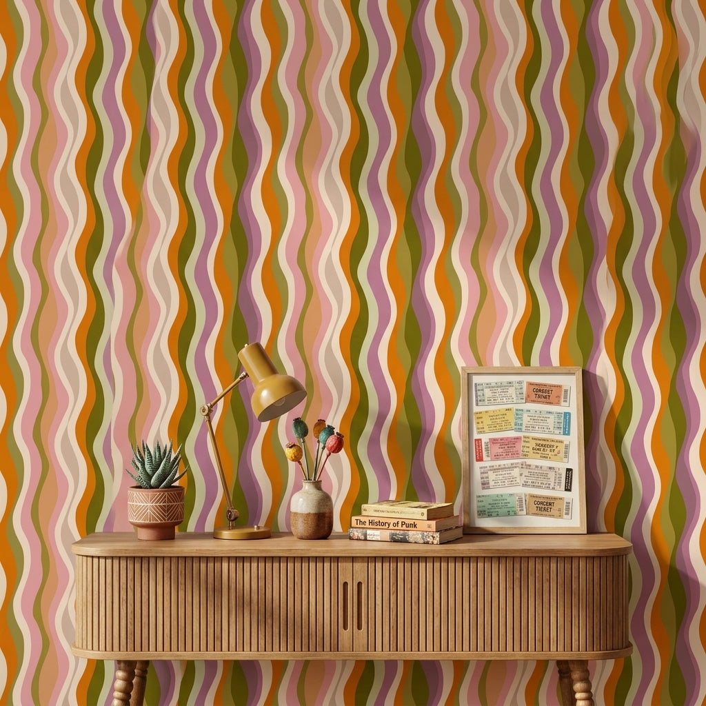 Retro Dalgalı Çizgili Duvar Kağıdı Turuncu Mor Salon