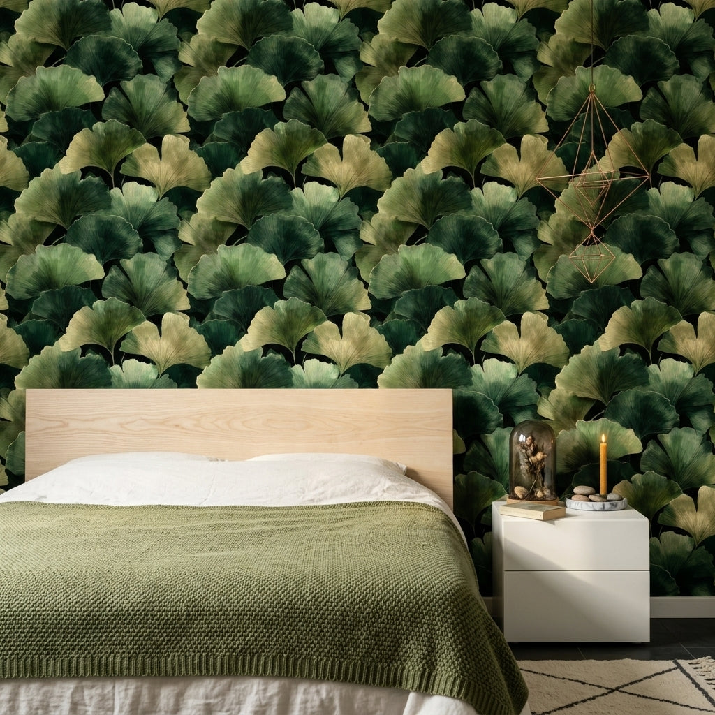 Ginkgo Yaprak Desenli Duvar Kağıdı Yeşil Modern Yatak Odası