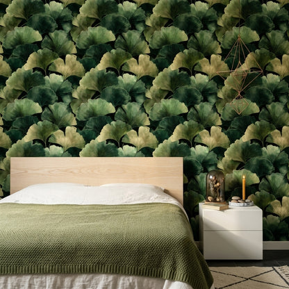 Ginkgo Yaprak Desenli Duvar Kağıdı Yeşil Modern Yatak Odası