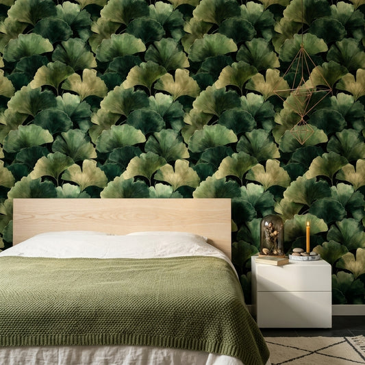Ginkgo Yaprak Desenli Duvar Kağıdı Yeşil Modern Yatak Odası