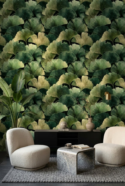 Ginkgo Yaprak Desenli Duvar Kağıdı Yeşil Modern Yatak Odası