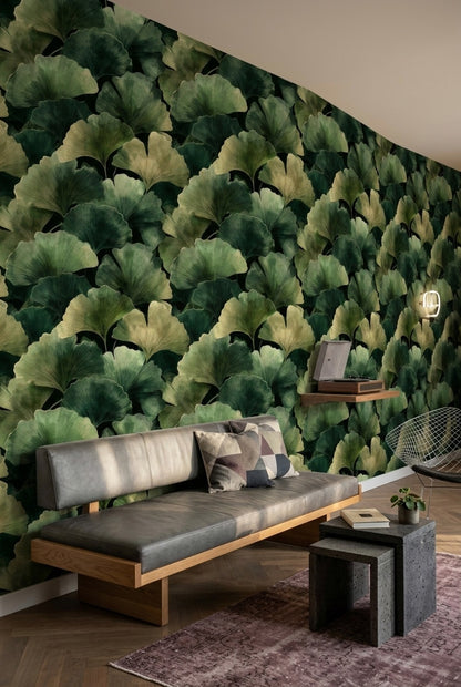 Ginkgo Yaprak Desenli Duvar Kağıdı Yeşil Modern Yatak Odası