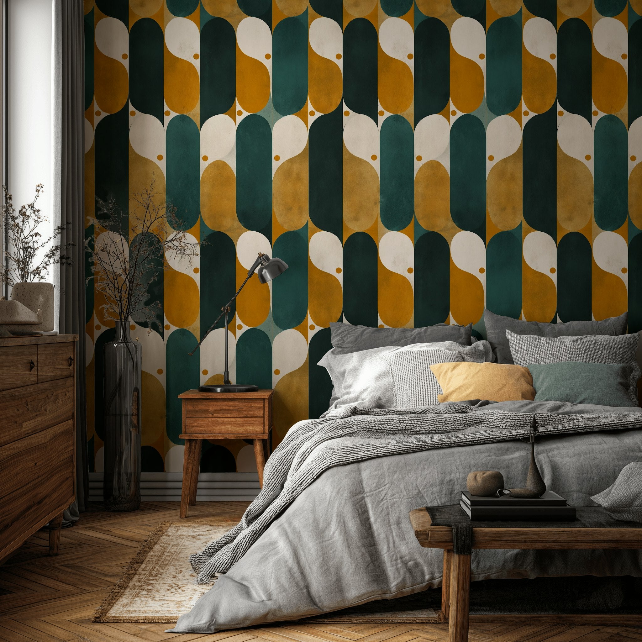 Retro Geometrik Duvar Kağıdı Yeşil Hardal Desenli Salon