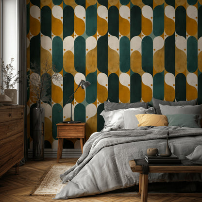 Retro Geometrik Duvar Kağıdı Yeşil Hardal Desenli Salon