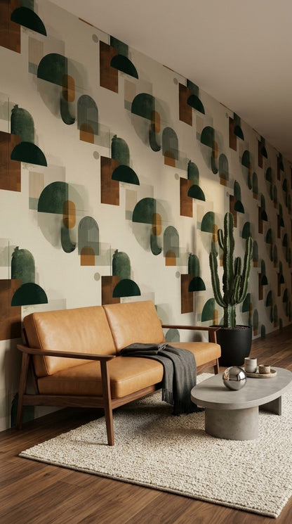 Geometrik Desenli Duvar Kağıdı Yeşil Kahverengi Modern Salon
