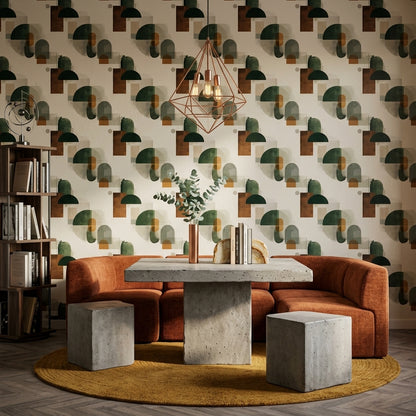 Geometrik Desenli Duvar Kağıdı Yeşil Kahverengi Modern Salon