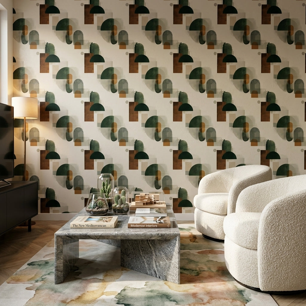 Geometrik Desenli Duvar Kağıdı Yeşil Kahverengi Modern Salon