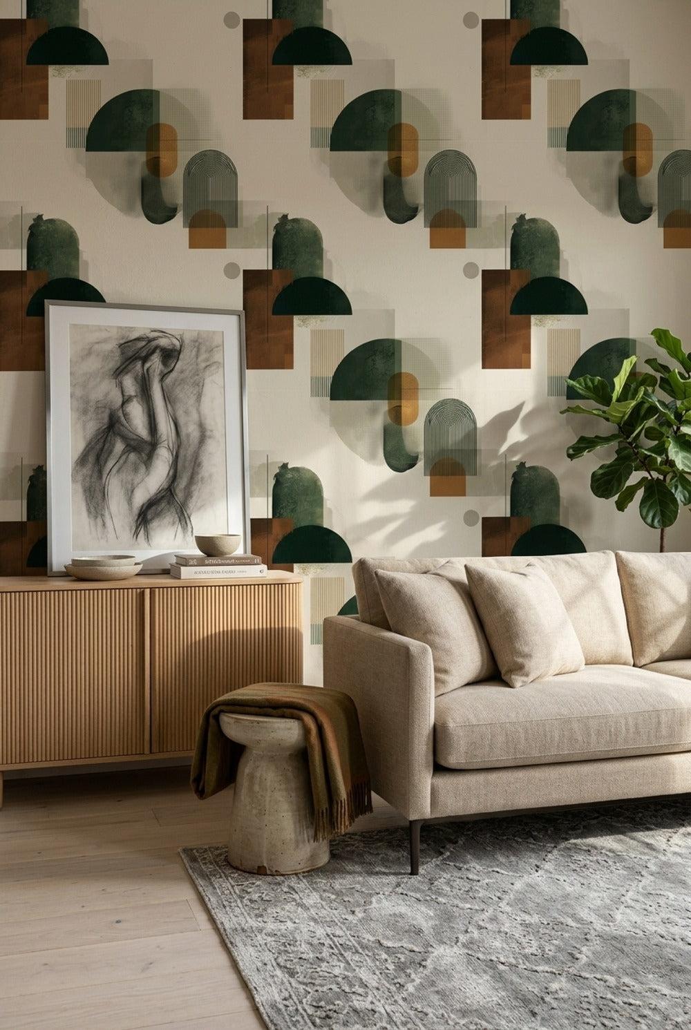 Geometrik Desenli Duvar Kağıdı Yeşil Kahverengi Modern Salon