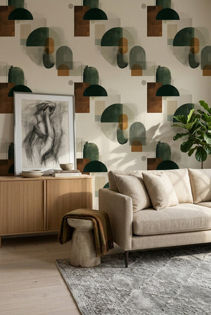 Geometrik Desenli Duvar Kağıdı Yeşil Kahverengi Modern Salon