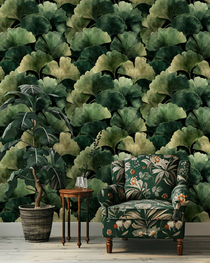 Ginkgo Yaprak Desenli Duvar Kağıdı Yeşil Modern Yatak Odası