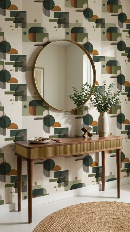 Geometrik Şekilli Duvar Kağıdı Yeşil Bej Modern Salon