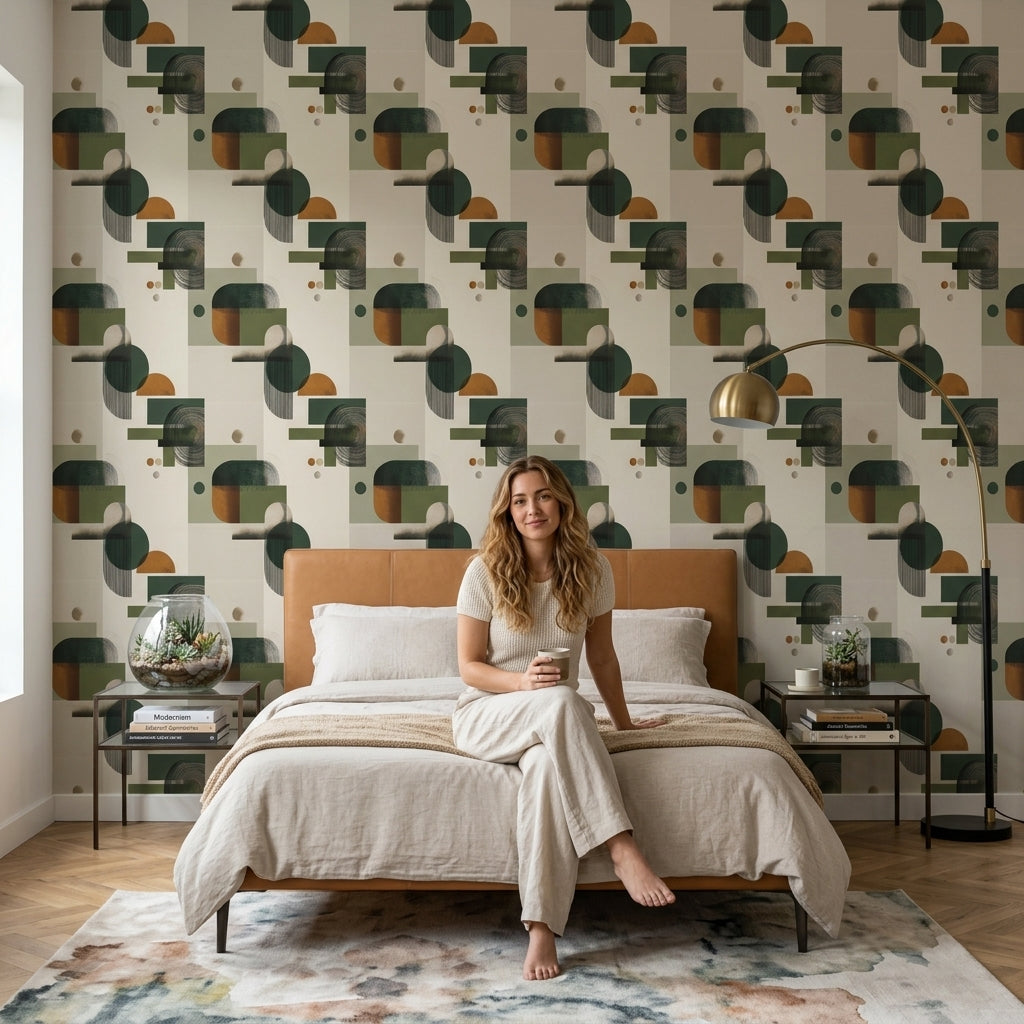 Geometrik Şekilli Duvar Kağıdı Yeşil Bej Modern Salon