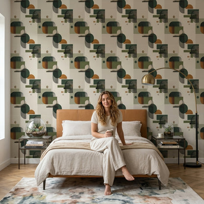 Geometrik Şekilli Duvar Kağıdı Yeşil Bej Modern Salon