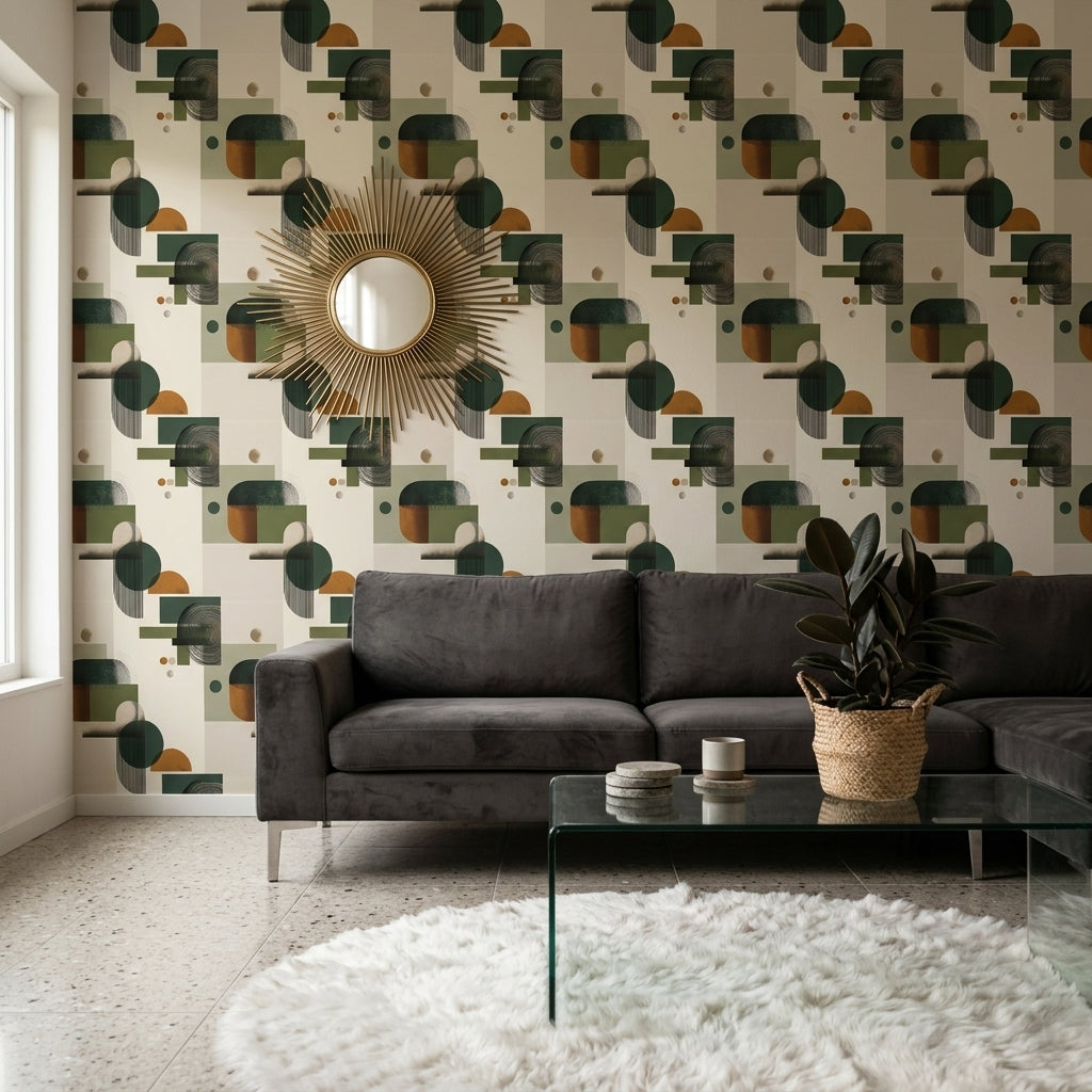 Geometrik Şekilli Duvar Kağıdı Yeşil Bej Modern Salon