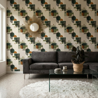 Geometrik Şekilli Duvar Kağıdı Yeşil Bej Modern Salon