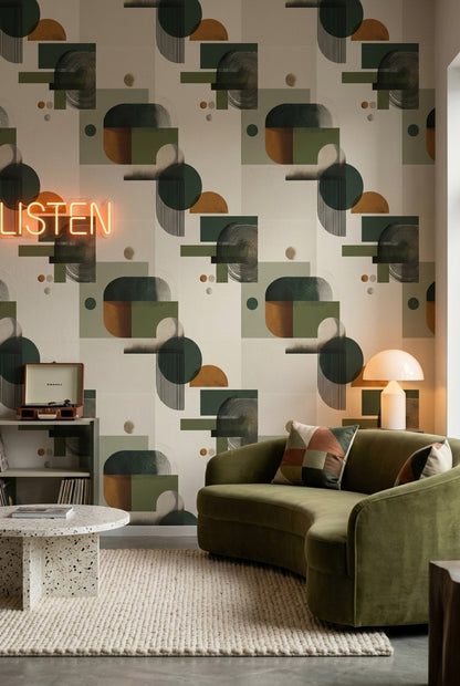 Geometrik Şekilli Duvar Kağıdı Yeşil Bej Modern Salon