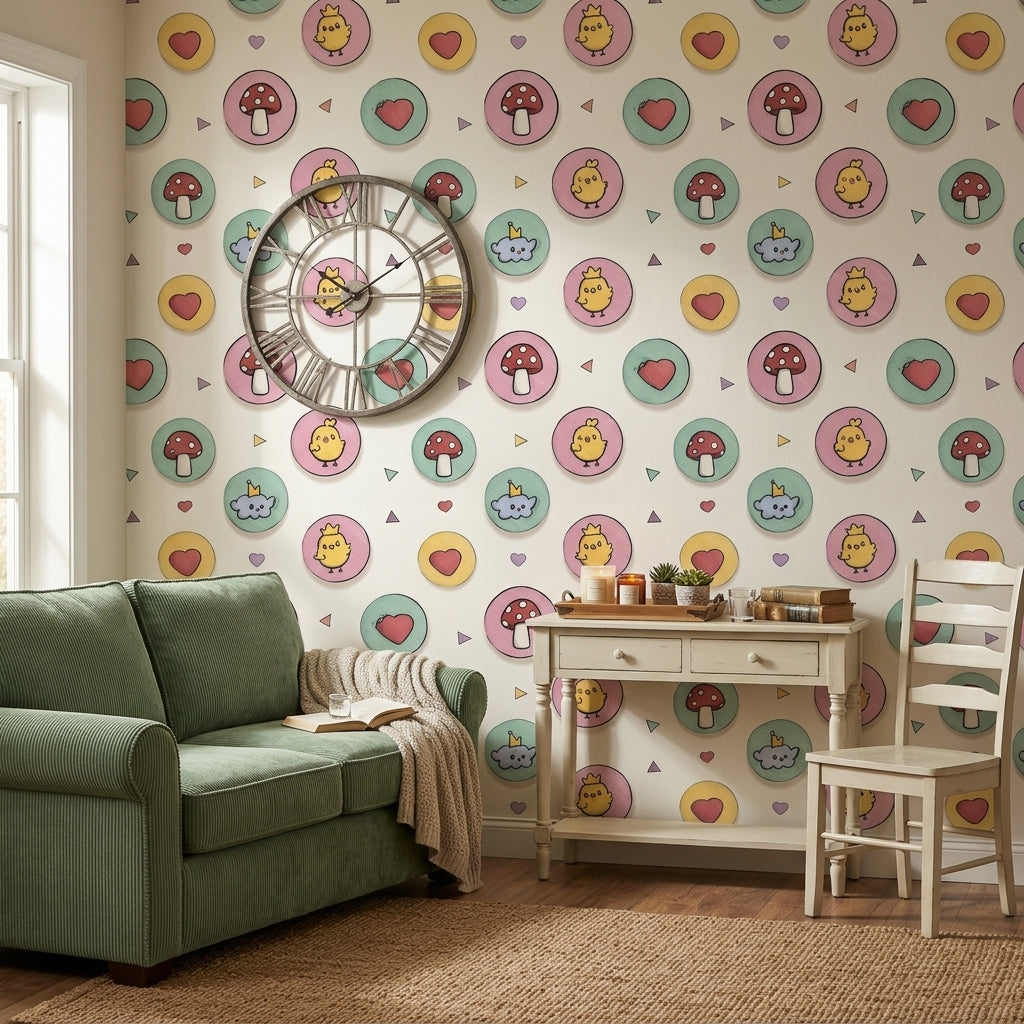 Sevimli Civciv ve Mantar Desenli Duvar Kağıdı Çocuk Odası
