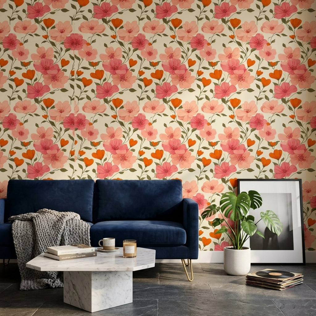 Pembe Çiçek Desenli Duvar Kağıdı Modern Salon Dekoru