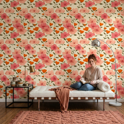 Pembe Çiçek Desenli Duvar Kağıdı Modern Salon Dekoru