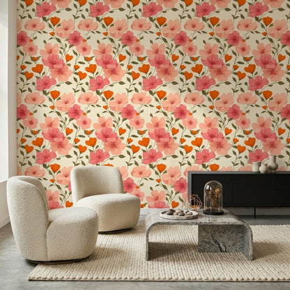 Pembe Çiçek Desenli Duvar Kağıdı Modern Salon Dekoru