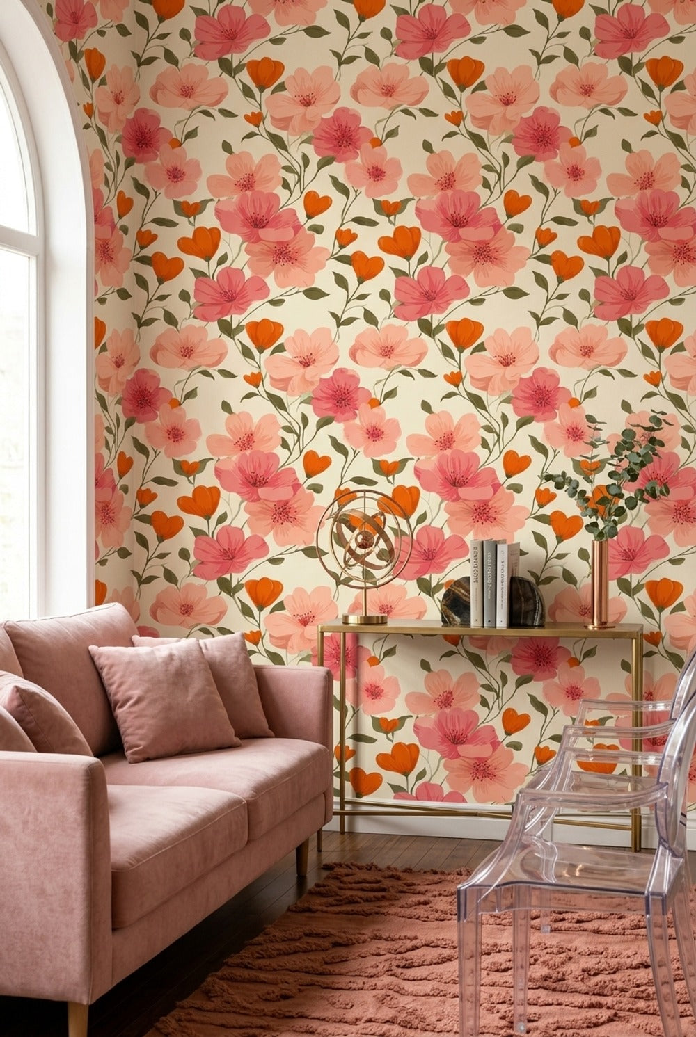 Pembe Çiçek Desenli Duvar Kağıdı Modern Salon Dekoru