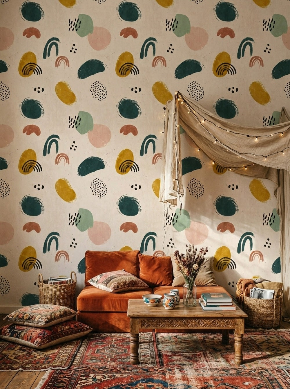 Soyut Şekilli Duvar Kağıdı Renkli Modern Salon Duvarı