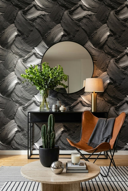 Siyah Gri Fırça Darbeli Duvar Kağıdı Modern Salon
