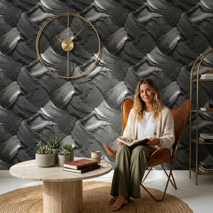 Siyah Gri Fırça Darbeli Duvar Kağıdı Modern Salon