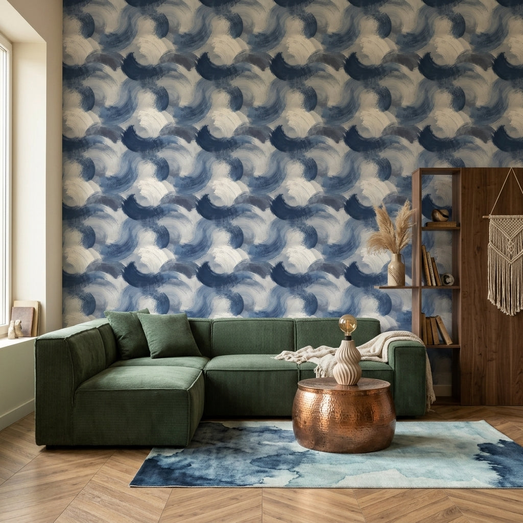 Mavi Fırça Darbeli Soyut Duvar Kağıdı Modern Salon