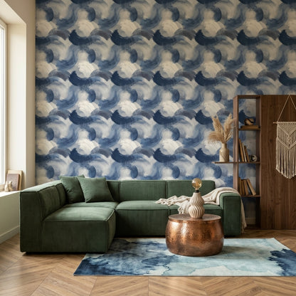 Mavi Fırça Darbeli Soyut Duvar Kağıdı Modern Salon