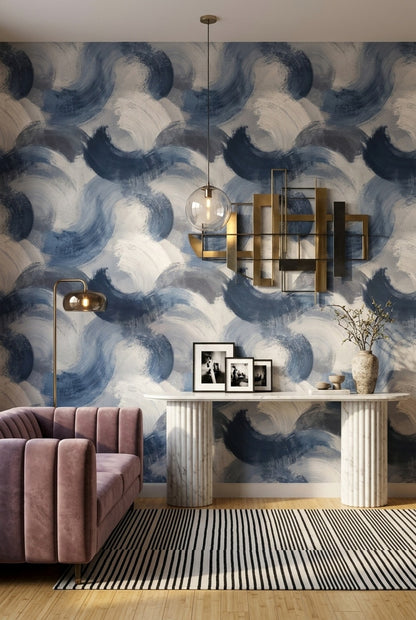 Mavi Fırça Darbeli Soyut Duvar Kağıdı Modern Salon