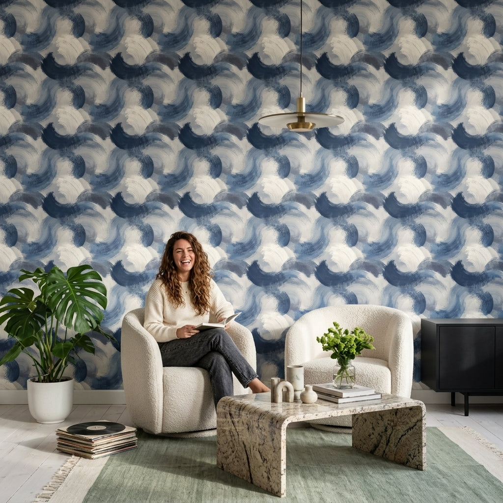 Mavi Fırça Darbeli Soyut Duvar Kağıdı Modern Salon