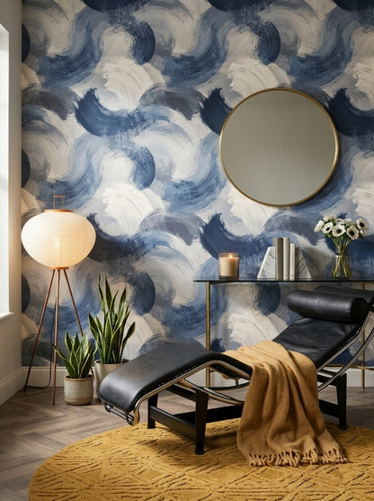 Mavi Fırça Darbeli Soyut Duvar Kağıdı Modern Salon