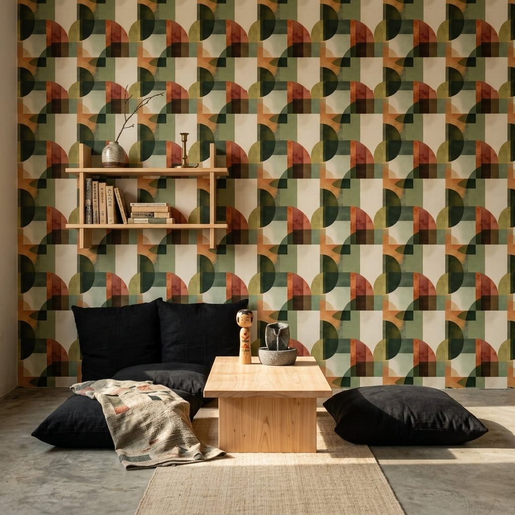 Retro Geometrik Duvar Kağıdı Yeşil Turuncu Salon Deseni