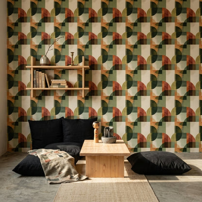 Retro Geometrik Duvar Kağıdı Yeşil Turuncu Salon Deseni