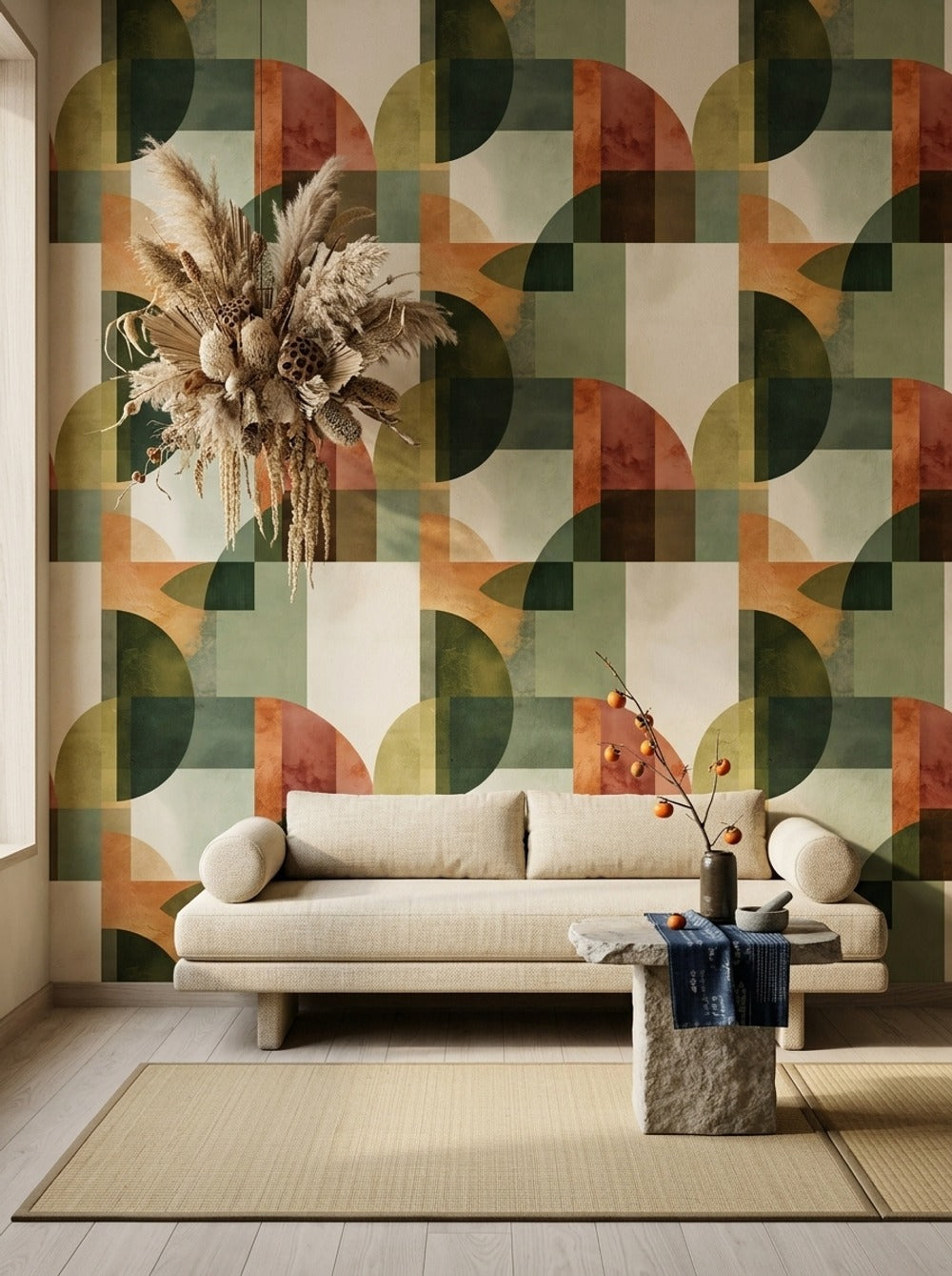 Retro Geometrik Duvar Kağıdı Yeşil Turuncu Salon Deseni