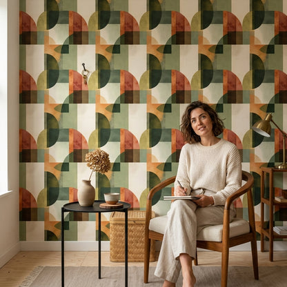 Retro Geometrik Duvar Kağıdı Yeşil Turuncu Salon Deseni