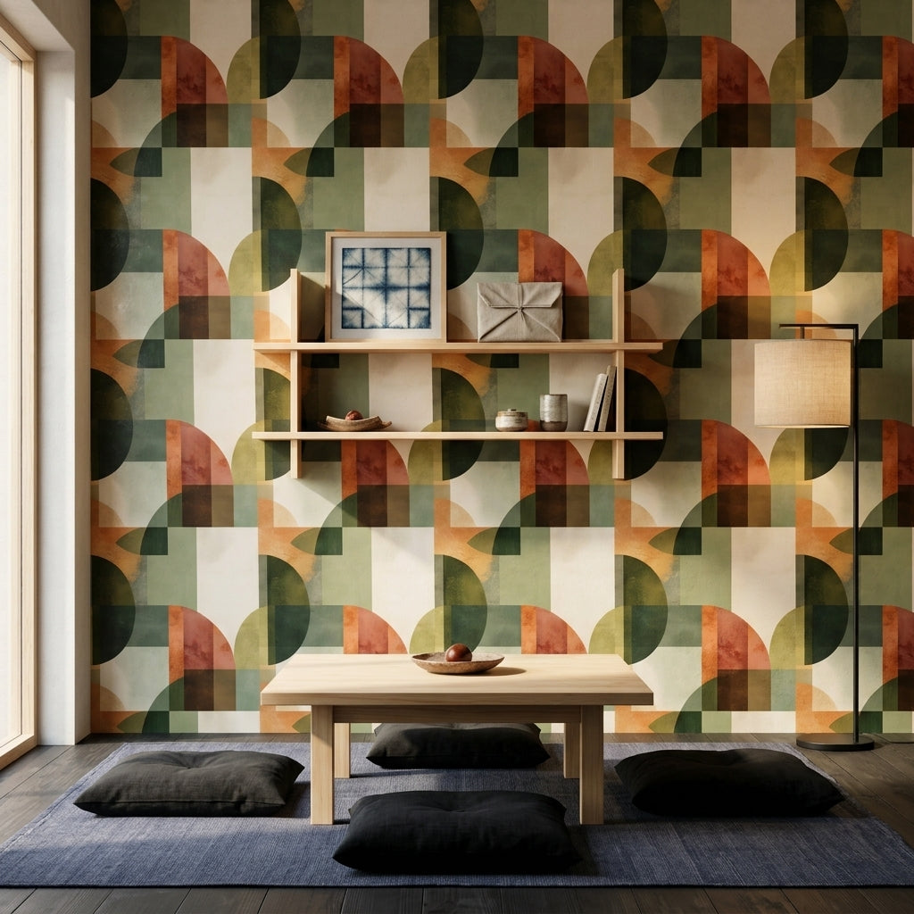 Retro Geometrik Duvar Kağıdı Yeşil Turuncu Salon Deseni