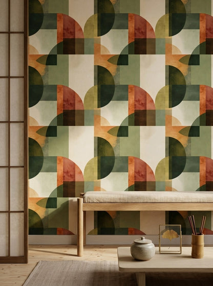 Retro Geometrik Duvar Kağıdı Yeşil Turuncu Salon Deseni