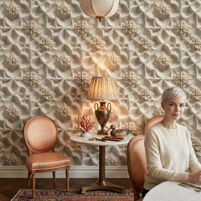 3 Boyutlu Çiçekli Geometrik Duvar Kağıdı Krem Bej Salon