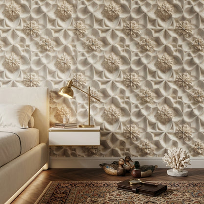 3 Boyutlu Çiçekli Geometrik Duvar Kağıdı Krem Bej Salon