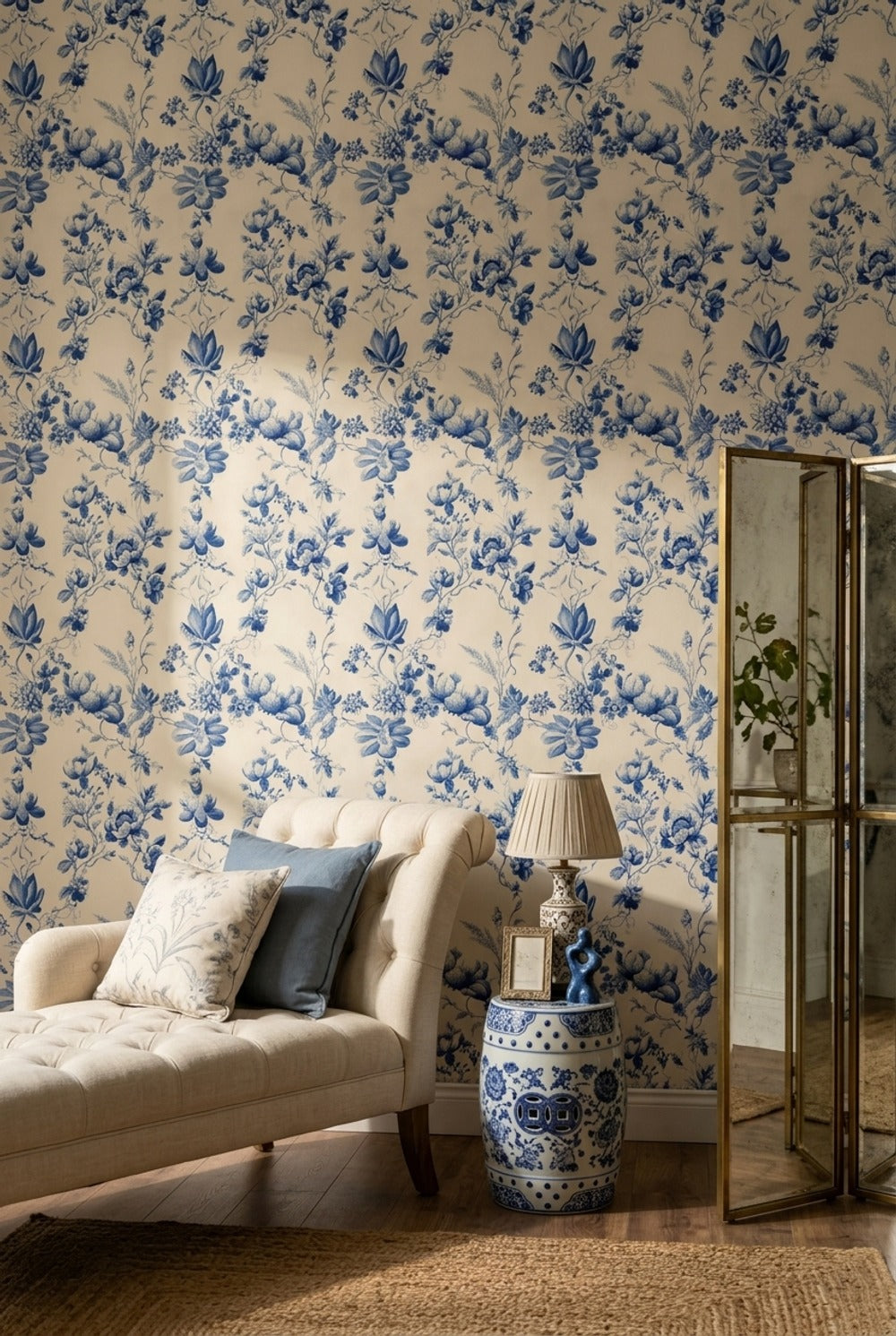 Mavi Çiçek Desenli Duvar Kağıdı Krem Zemin Salon