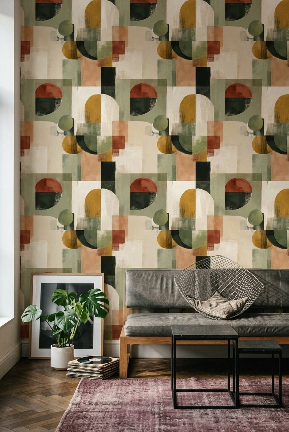 Soyut Geometrik Duvar Kağıdı Zeytin Yeşili Modern Salon