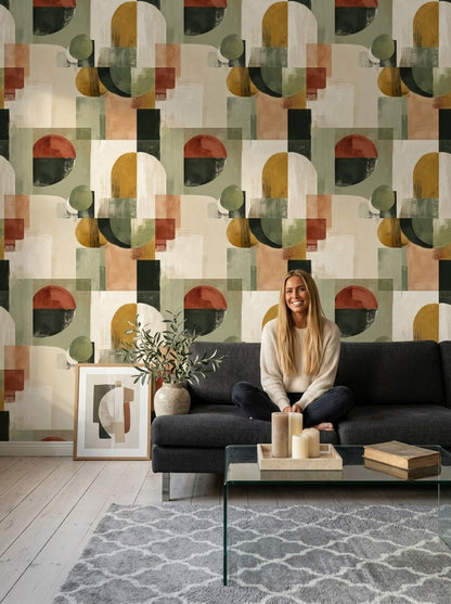 Soyut Geometrik Duvar Kağıdı Zeytin Yeşili Modern Salon