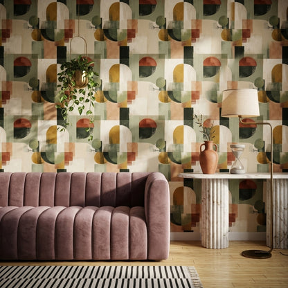 Soyut Geometrik Duvar Kağıdı Zeytin Yeşili Modern Salon