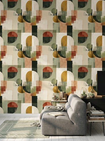 Soyut Geometrik Duvar Kağıdı Zeytin Yeşili Modern Salon