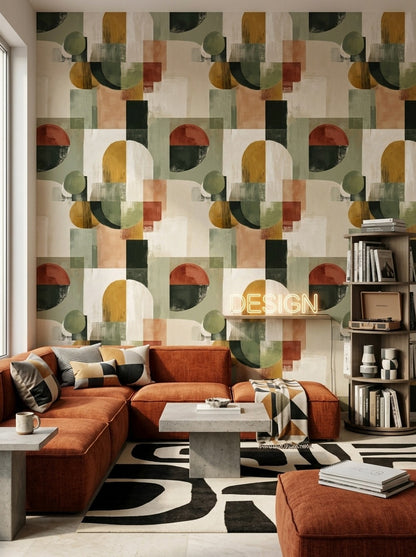 Soyut Geometrik Duvar Kağıdı Zeytin Yeşili Modern Salon