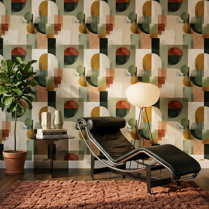 Soyut Geometrik Duvar Kağıdı Zeytin Yeşili Modern Salon